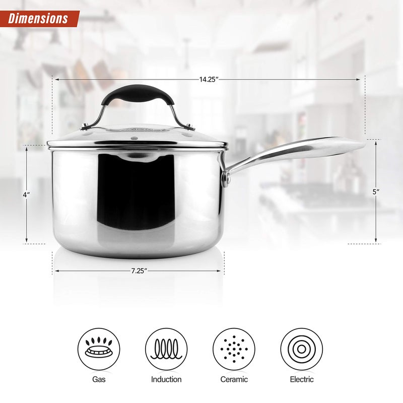 AVACRAFT Tri-Ply Stainless Steel Saucepan with Glass Strainer Lid, Two Side Spouts, Ergonomic Handle, Multipurpose Sauce Pan with Lid, Sauce Pot, Cooking Pot (Tri-Ply Full Body, 2.5 Quart) - Image 2